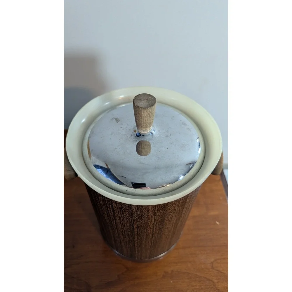 Vintage Kromex Ice Bucket Mid Century Modern Wood Grain Faux Bois Chrome USA